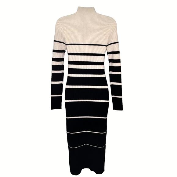 Stitchdrop Ribbed Black Cream Striped Mock Neck Midi Sweater Dress - Picture 6 of 9